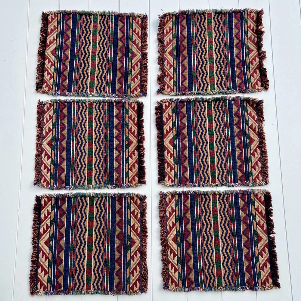 Vintage Southwestern Geometric Fabric Fringe Placemats | Set of 6